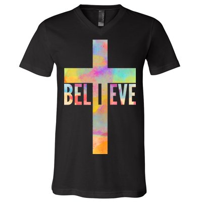 Colorful Believe Christian Cross V-Neck T-Shirt