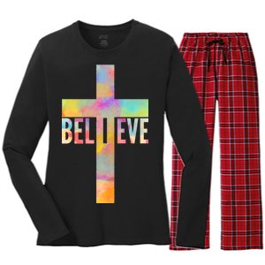 Colorful Believe Christian Cross Women's Long Sleeve Flannel Pajama Set 