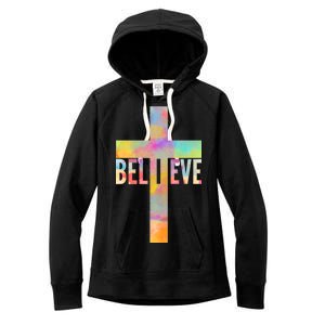 Colorful Believe Christian Cross Women's Fleece Hoodie