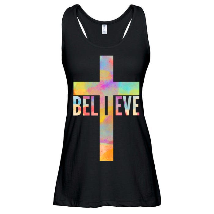 Colorful Believe Christian Cross Ladies Essential Flowy Tank