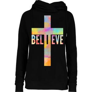 Colorful Believe Christian Cross Womens Funnel Neck Pullover Hood