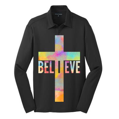 Colorful Believe Christian Cross Silk Touch Performance Long Sleeve Polo