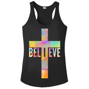 Colorful Believe Christian Cross Ladies PosiCharge Competitor Racerback Tank