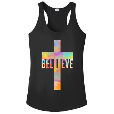 Colorful Believe Christian Cross Ladies PosiCharge Competitor Racerback Tank