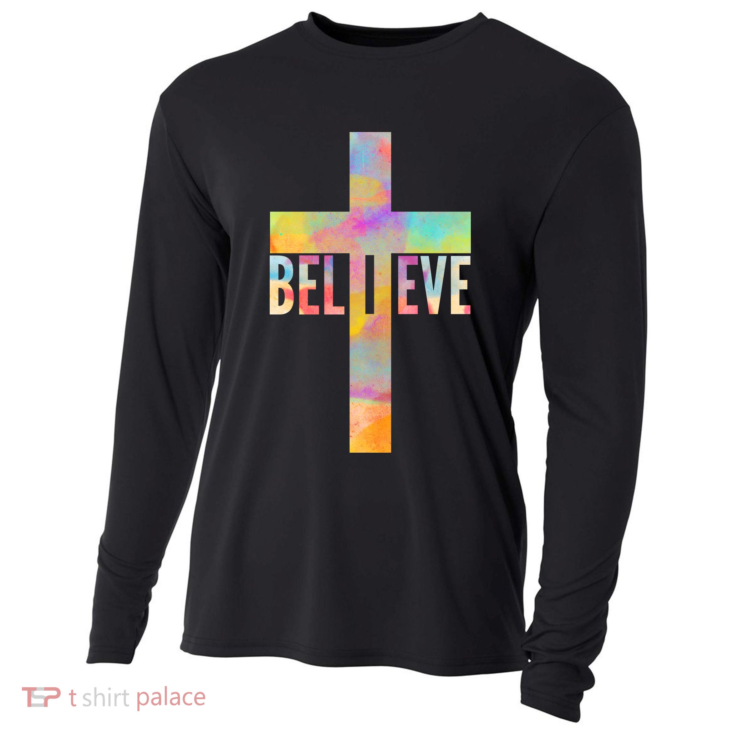 Colorful Believe Christian Cross Cooling Performance Long Sleeve Crew