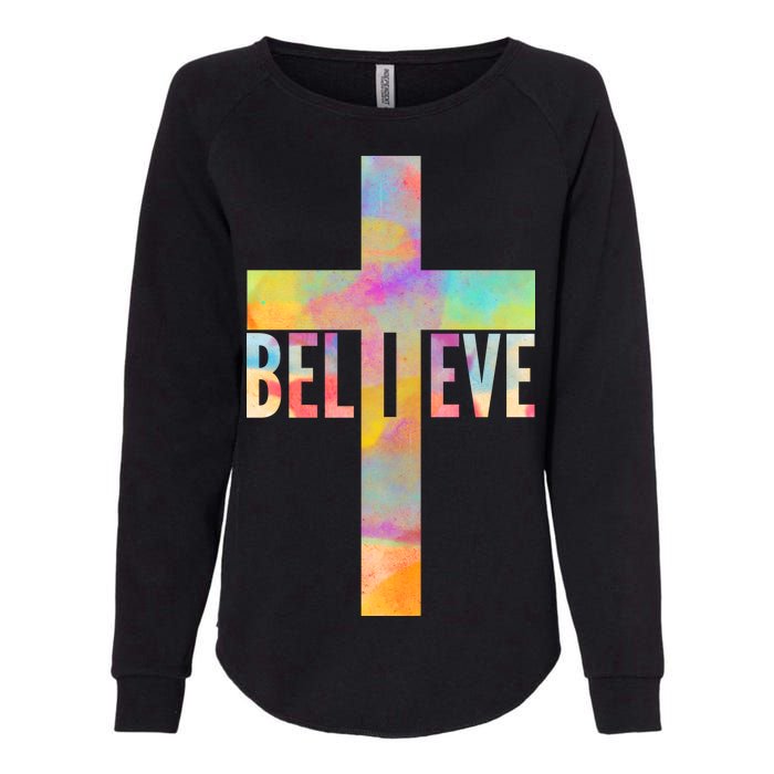 Colorful Believe Christian Cross Womens California Wash Sweatshirt