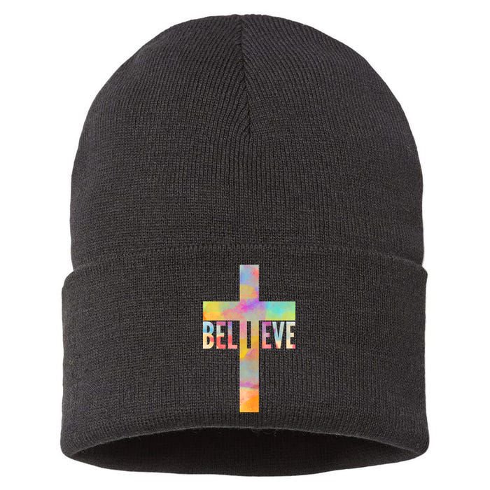 Colorful Believe Christian Cross Sustainable Knit Beanie