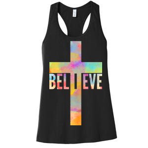 Colorful Believe Christian Cross Women's Racerback Tank