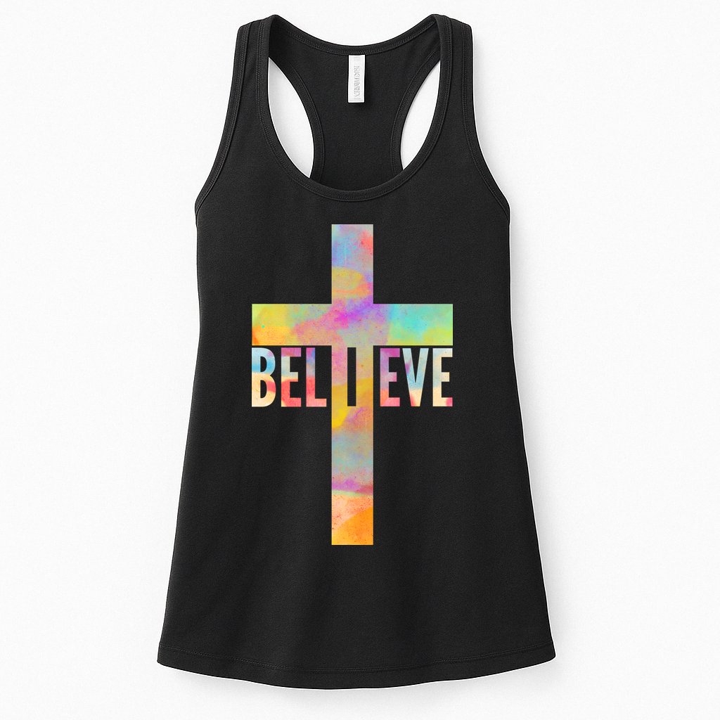 Colorful Believe Christian Cross Womens Tank Top