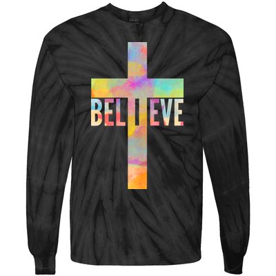 Colorful Believe Christian Cross Tie-Dye Long Sleeve Shirt