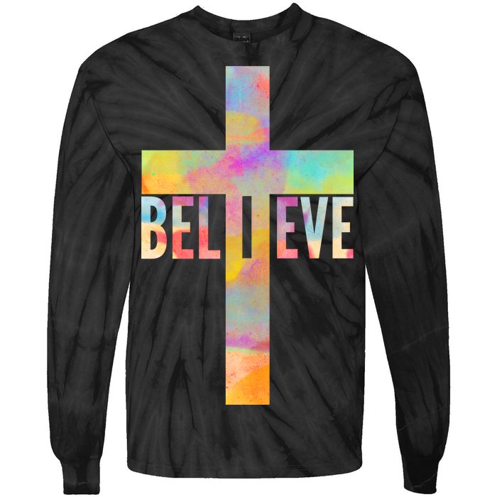 Colorful Believe Christian Cross Tie-Dye Long Sleeve Shirt