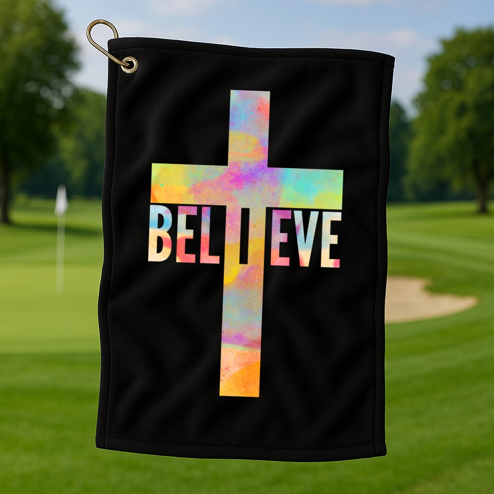 Colorful Believe Christian Cross Golf Towel