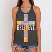 Colorful Believe Christian Cross Women's Knotted Racerback Tank