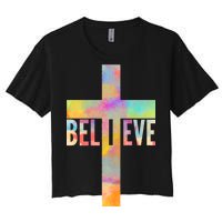 Colorful Believe Christian Cross Women's Crop Top Tee