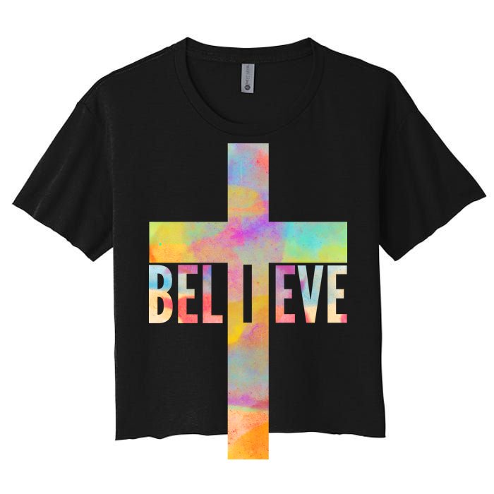 Colorful Believe Christian Cross Women's Crop Top Tee