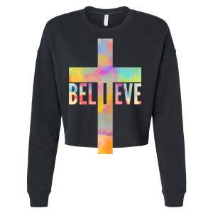 Colorful Believe Christian Cross Cropped Pullover Crew