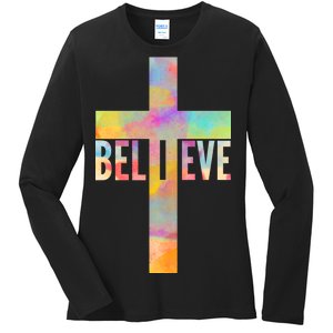 Colorful Believe Christian Cross Ladies Long Sleeve Shirt