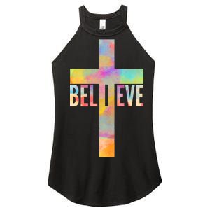 Colorful Believe Christian Cross Women's Perfect Tri Rocker Tank