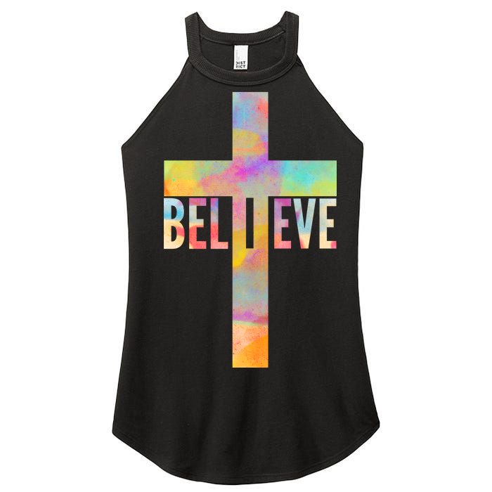 Colorful Believe Christian Cross Women's Perfect Tri Rocker Tank