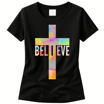 Colorful Believe Christian Cross Womens T-Shirt