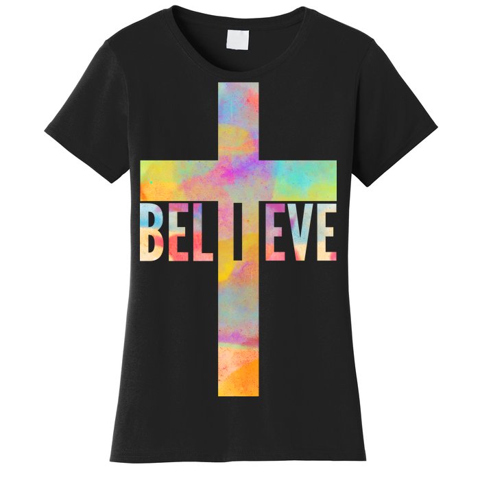 Colorful Believe Christian Cross Women's T-Shirt