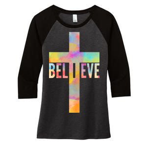 Colorful Believe Christian Cross Women's Tri-Blend 3/4-Sleeve Raglan Shirt