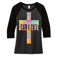 Colorful Believe Christian Cross Women's Tri-Blend 3/4-Sleeve Raglan Shirt