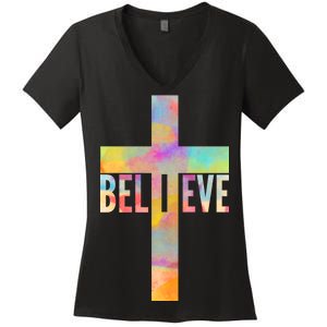 Colorful Believe Christian Cross Women's V-Neck T-Shirt