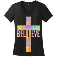 Colorful Believe Christian Cross Women's V-Neck T-Shirt