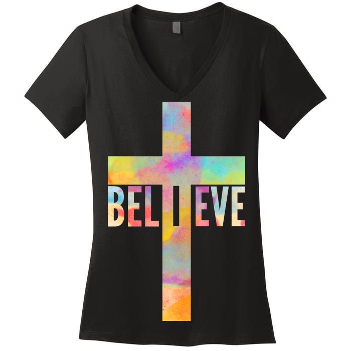 Colorful Believe Christian Cross Women's V-Neck T-Shirt