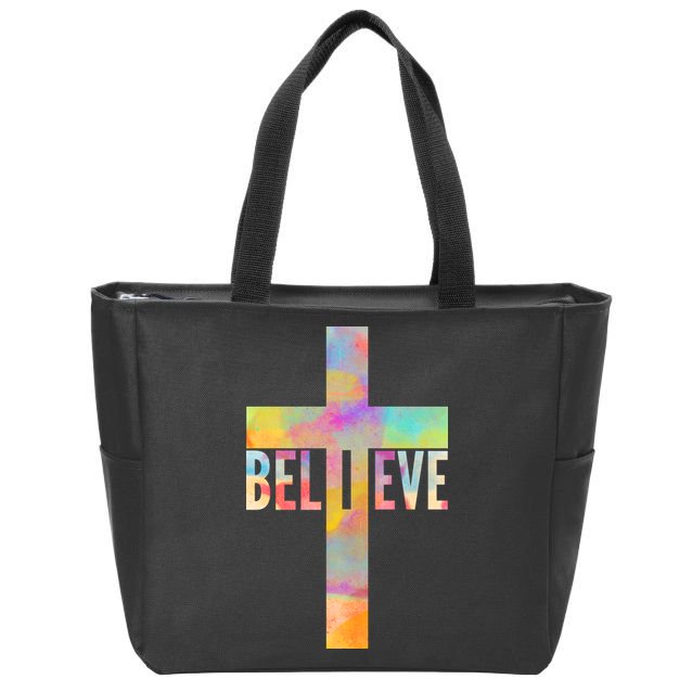 Colorful Believe Christian Cross Zip Tote Bag