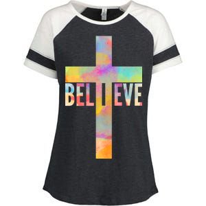 Colorful Believe Christian Cross Enza Ladies Jersey Colorblock Tee