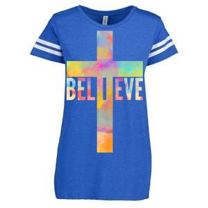 Colorful Believe Christian Cross Enza Ladies Jersey Football T-Shirt