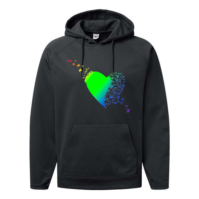 Colorful Bird Flocking Heart Rainbow Performance Fleece Hoodie