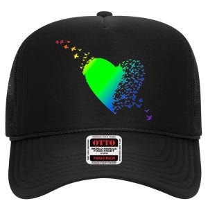 Colorful Bird Flocking Heart Rainbow High Crown Mesh Back Trucker Hat