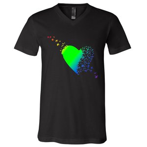 Colorful Bird Flocking Heart Rainbow V-Neck T-Shirt