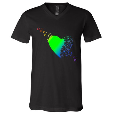 Colorful Bird Flocking Heart Rainbow V-Neck T-Shirt