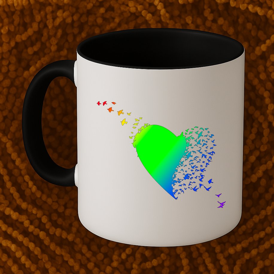 Colorful Bird Flocking Heart Rainbow Mug