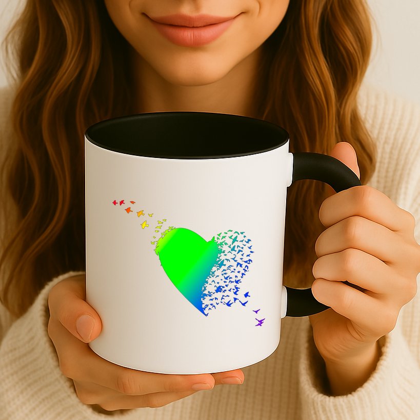 Colorful Bird Flocking Heart Rainbow Mug