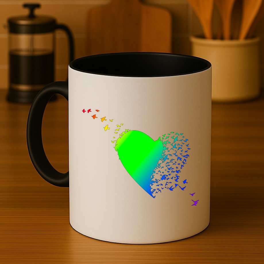 Colorful Bird Flocking Heart Rainbow Mug