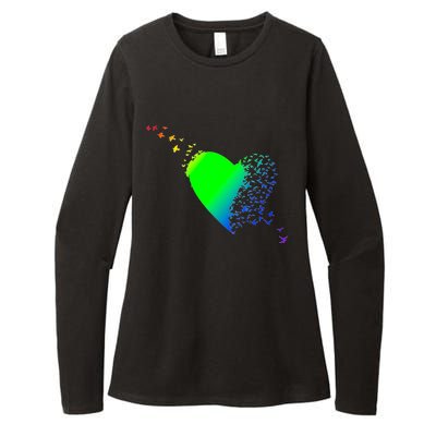 Colorful Bird Flocking Heart Rainbow Womens CVC Long Sleeve Shirt