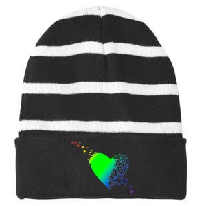 Colorful Bird Flocking Heart Rainbow Striped Beanie with Solid Band