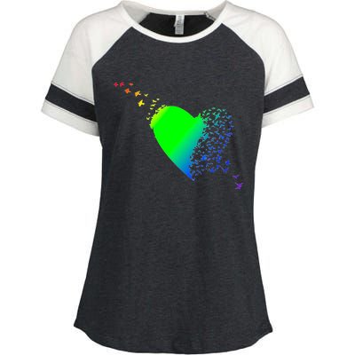 Colorful Bird Flocking Heart Rainbow Enza Ladies Jersey Colorblock Tee