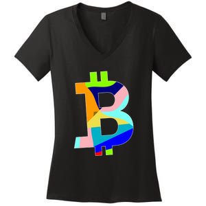 Colorful Bitcoin BTC Logo Crypto Currency Women's V-Neck T-Shirt