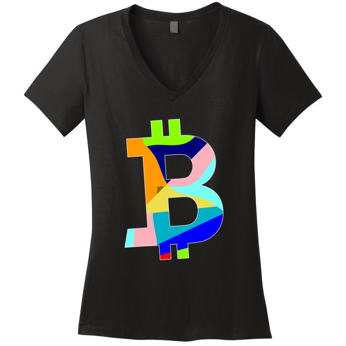 Colorful Bitcoin BTC Logo Crypto Currency Women's V-Neck T-Shirt