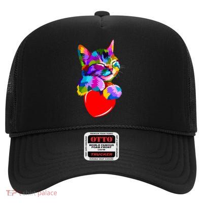 Colorful Cat Full Of Love Kitten Lovers  High Crown Mesh Back Trucker Hat