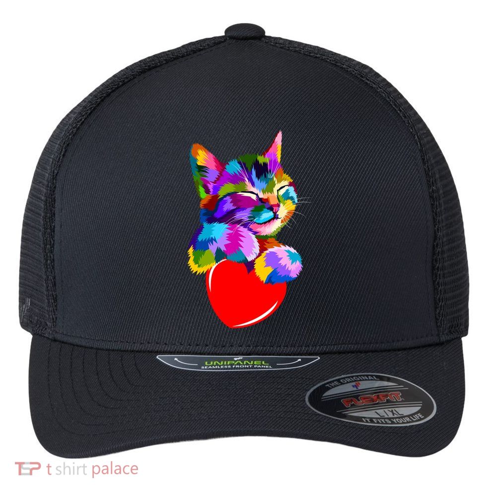 Colorful Cat Full Of Love Kitten Lovers  Flexfit Unipanel Trucker Cap