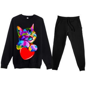 Colorful Cat Full Of Love Kitten Lovers  Premium Crewneck Sweatsuit Set