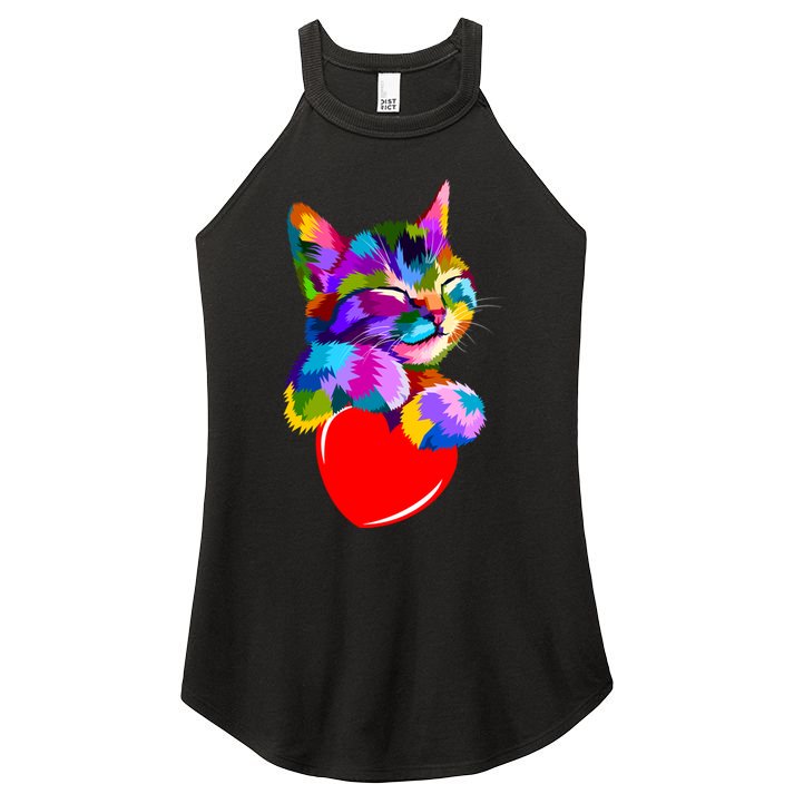 Colorful Cat Full Of Love Kitten Lovers  Women's Perfect Tri Rocker Tank