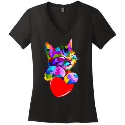 Colorful Cat Full Of Love Kitten Lovers  Women's V-Neck T-Shirt